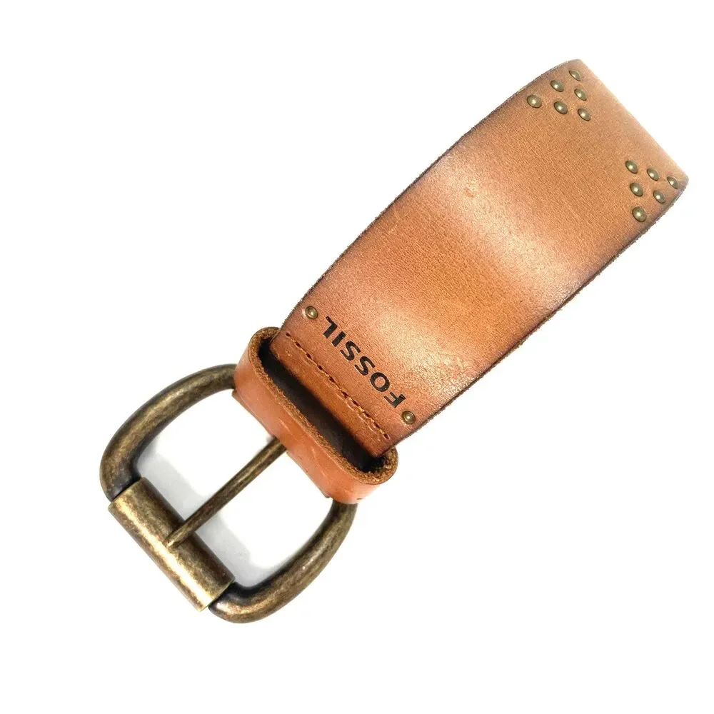Fossil Mens Tan Genuine Leather Studded Belt Roller Buckle Size M Casual